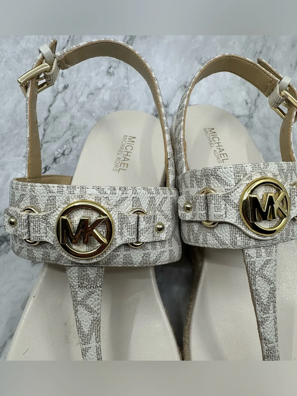Michael Kors Ivory Logo T-Strap Sandals with Gold MK Medallion